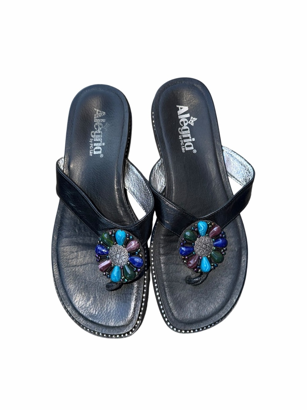 Alegria Diana Black Flip Flop Thong Sandals, Beaded Medallion Size 41